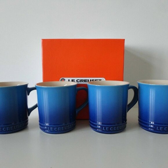 NIB LE CREUSET Blueberry Blue Stoneware Mugs Cups Embossed Lettering Set of 4 - Picture 2 of 8